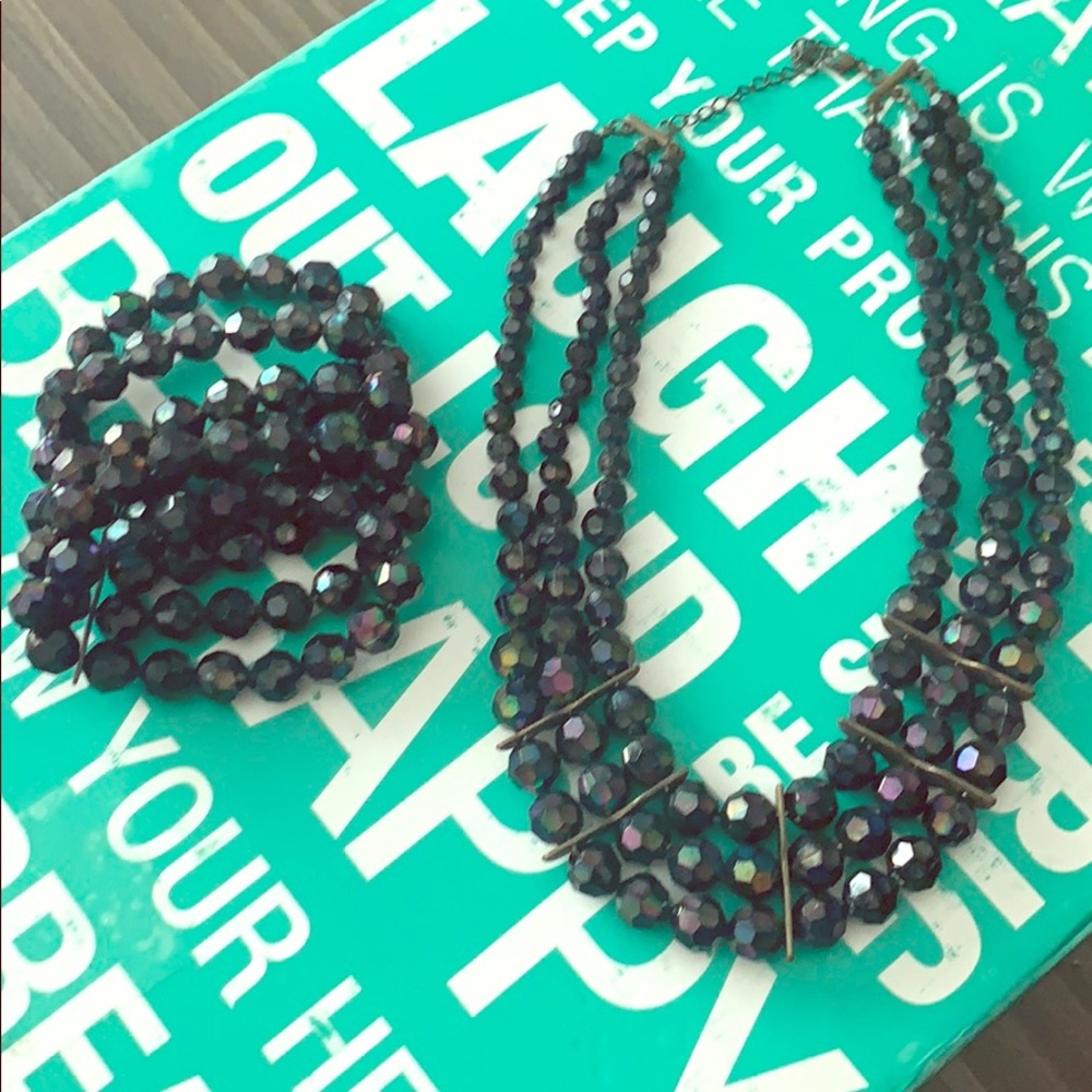 Black Iridescent Stone Necklace & Cuff Bracelet